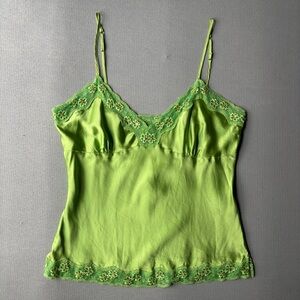 NINETY | Vintage Y2K Green Silk Babydoll Cami Lace Lingerie Delicate | Size S